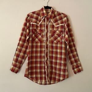 Youngbloods Red White Plaid Western Pearl Snap Shirt Retro Ruffle Women's Small
